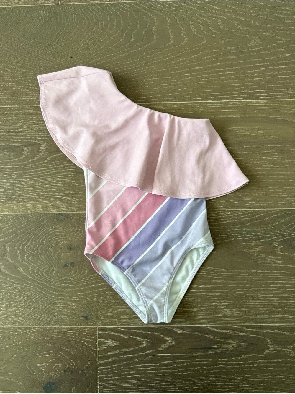 Saint Ida Girls' Pink Pastel Stripe One-Shoulder Ruffle Swimsuit